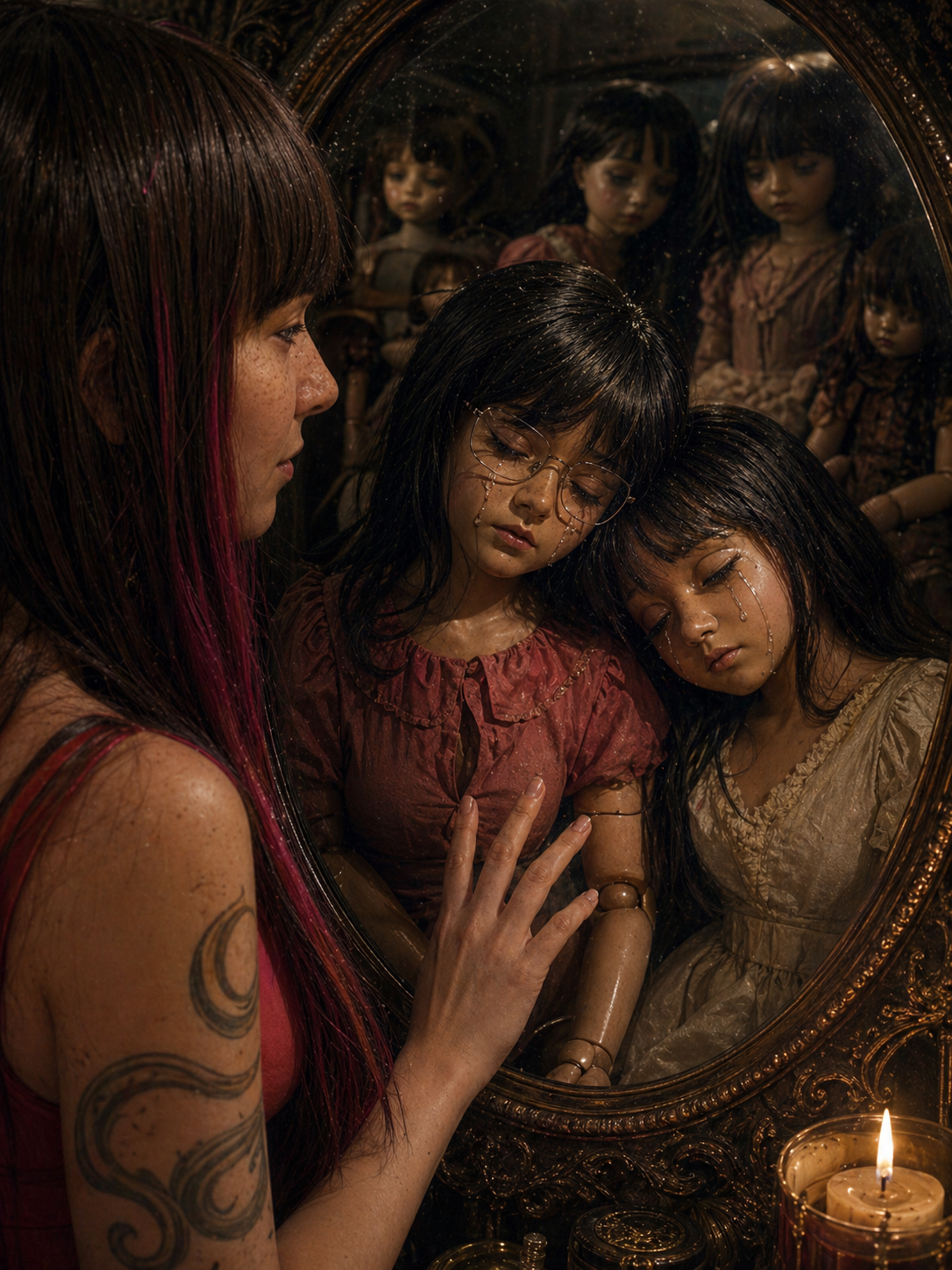 Dream illustration of sad dolls reflected in a mirror