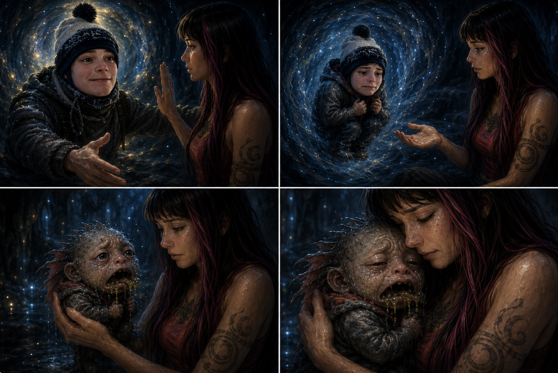 Dream illustration of forgiveness and transformation in a dark blue dream world