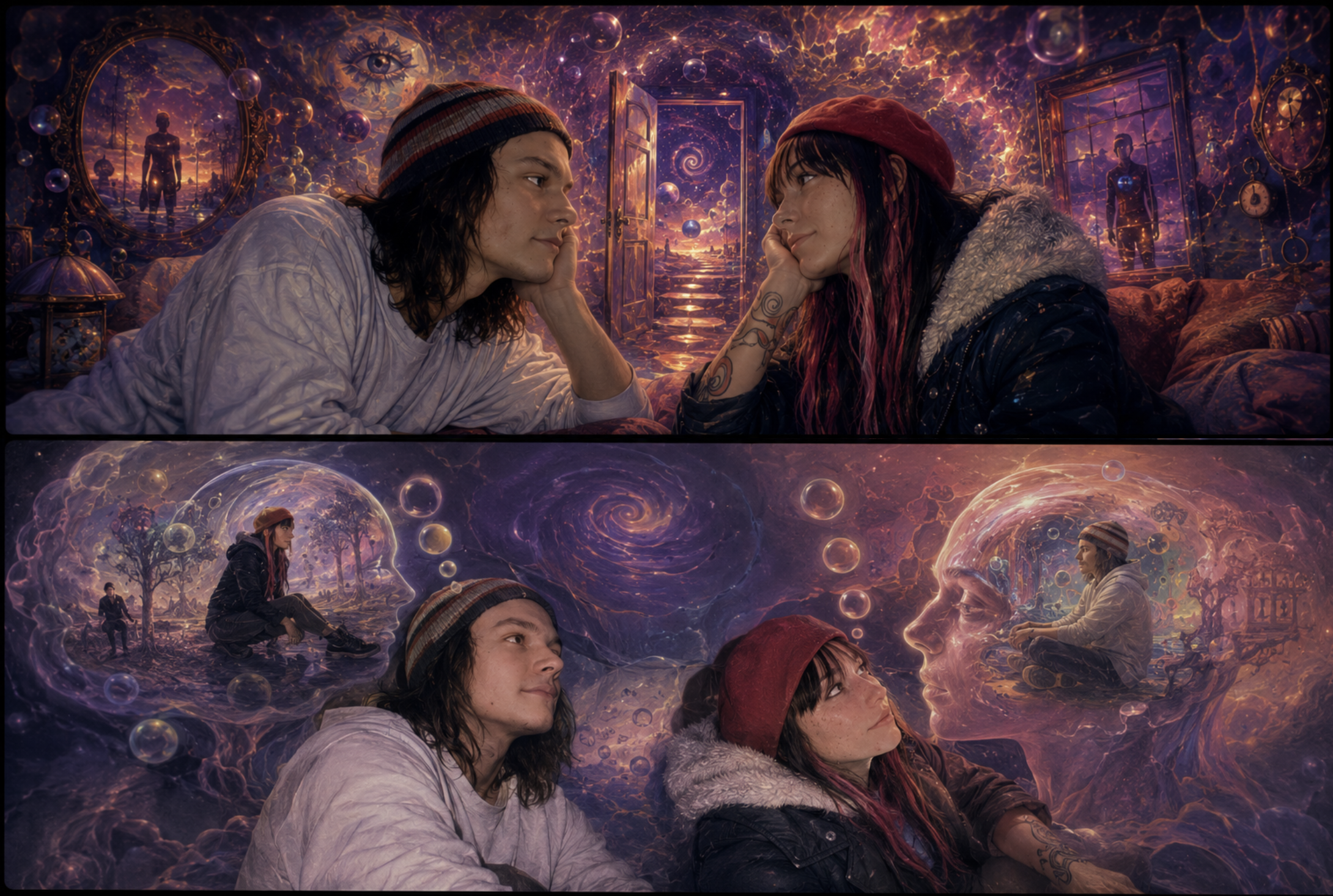 Dream illustration of two people inside a symbolic inner world