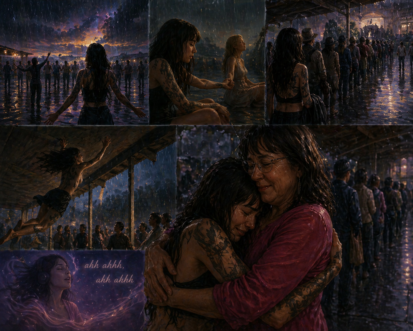 Dream illustration of a daughter embracing her mother in the rain
