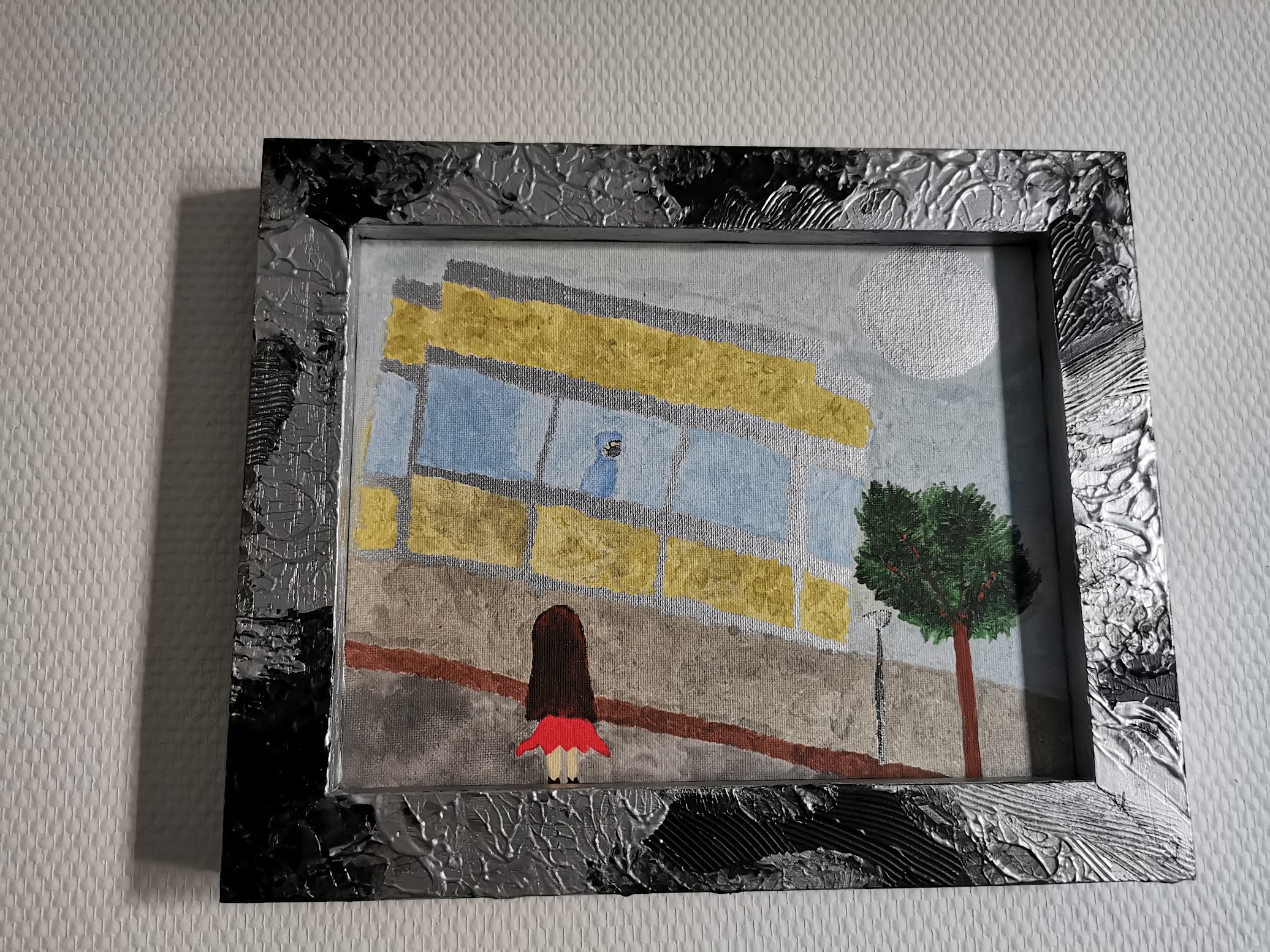 Childhood dream painting of a girl outside a hospital at night
