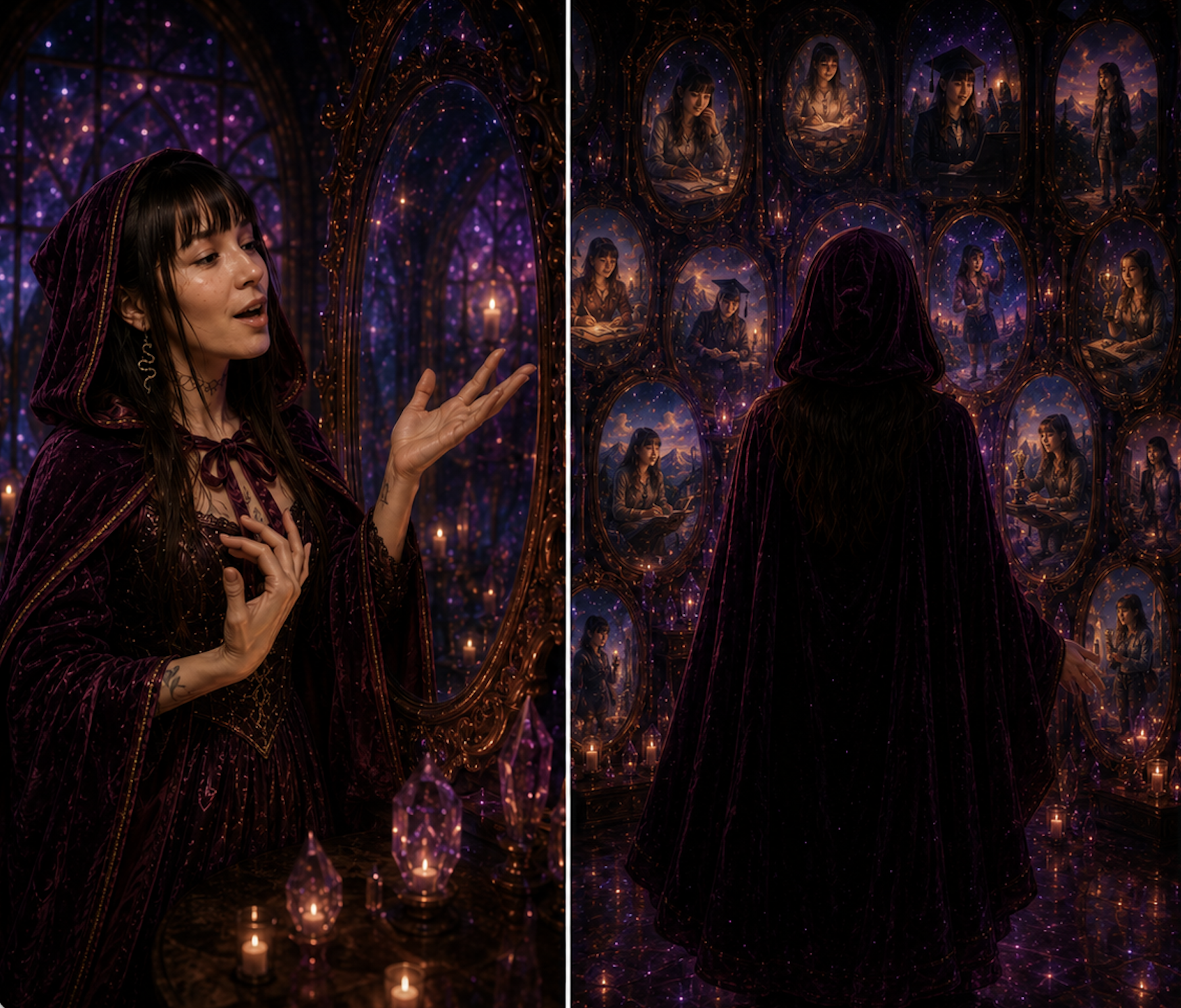 Dream illustration of a wizard-like figure surrounded by mirrors